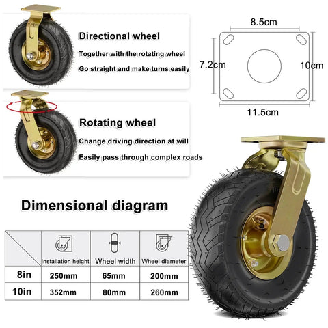Built Tough Heavy Duty Caster Wheels Pack With Top Plate Swivel And Fixed Castors, dimensional diagram, sizes 8in and 10in, black rubber