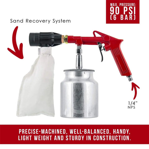 Heavy Duty Sand Blaster Kit with Recovery System and Air Compressor, 90 psi, steel tip, precision tool for rust removal.