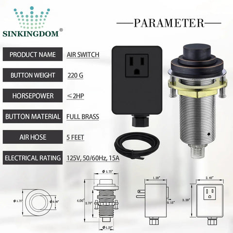 Air Switch Kit For Garbage Disposal With Cordless Brass Button And Brushed Nickel Finish, product specs and diagram visible