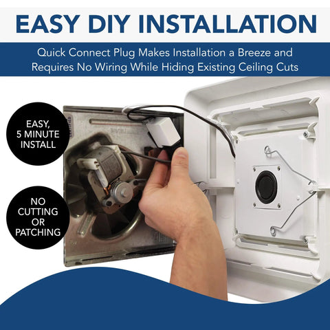 Hand installing replacement bath fan cover with color changing LED light adjustable brightness and scene modes and Sensonic Bluetooth speaker for ambient sound for your vibe not included with fan fits select bathroom fan models.