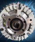 Front view of shell-type hollow-shaft magnetic powder brake; silver metal housing with cooling fins and mounting flange.