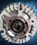 Close-up of Rotating Hollow Shaft Magnetic Powder Brake With Tension Controller on a technical background