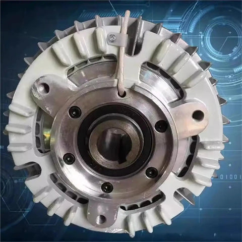 Close-up of Rotating Hollow Shaft Magnetic Powder Brake With Tension Controller on a technical background
