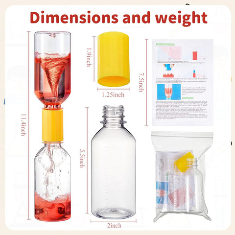 Two Pack DIY Tornado Makers Water Vortex Kit, red water vortex in plastic bottles, yellow connectors, manual, clear packaging.
