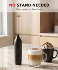 Rechargeable Handheld Milk Frother With USB C Charging, Cordless Electric Foam Maker And Stainless Steel Whisk on counter with coffee