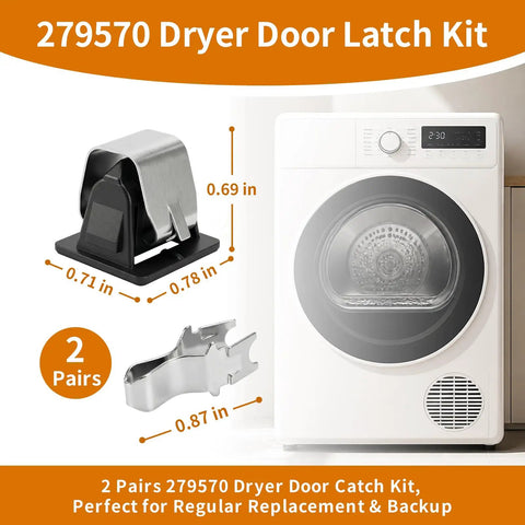 2 Pairs 279570 Dryer Door Latch Kit with dimensions beside a white dryer for exact fit replacement.