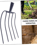 Versatile Handheld Manure Fork For Lawn Garden And Farm Use Five Prong Pitch Fork with long handle next to gardening scenes