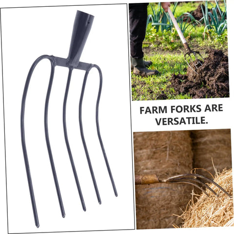 Versatile Handheld Manure Fork For Lawn Garden And Farm Use Five Prong Pitch Fork with long handle next to gardening scenes