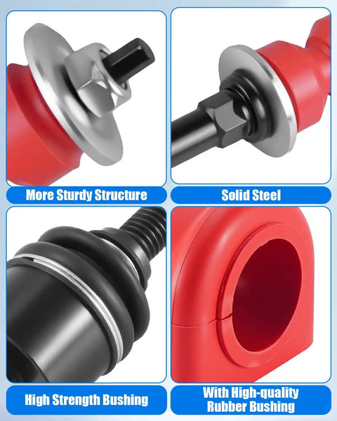 Dodge Ram 1500 4WD Sway Bar Link With Bushing Kit For 2006 To 2012 2013 To 2018 And Classic 2019 To 2024 Beefed Up Heavy Duty Stabilizer Link Replacement For Better Handling Stability And Safer Cornering On Rough Roads, red rubber bushing and steel joint detail