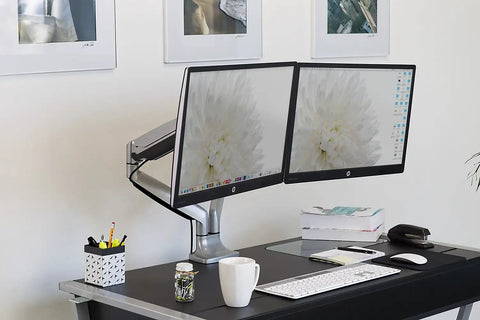 Prime Desktop Real Estate Upgrade Featuring Smooth Gas Spring Articulation Fits Up To 32 Inch Vesa 75 100 Displays on a sleek desk.