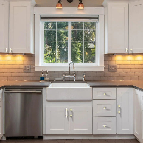 Bright kitchen with white cabinets featuring 10 Pack 3 Inch Cabinet Pulls Brushed Satin Nickel T Bar Drawer Handles for Cabinets Nickel Hardware.