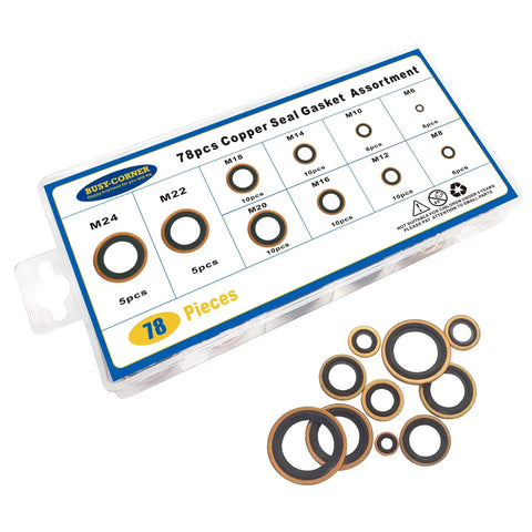 Copper Bonded Seal Washer Set, 78-Piece Automotive Gasket Assortment In 10 Sizes, product box and washers displayed