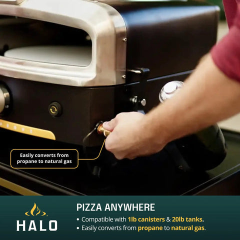 Versa 16 Pizza Oven With 16 Inch Rotating Stone, Patented Dual Burner System, easily converts from propane to natural gas.