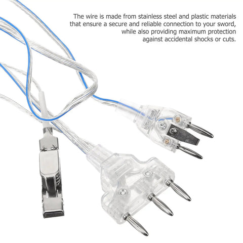 Fencing Body Cord And Mask Connector Cord For Foil, Durable, Easy Install showing stainless steel connectors and clear casing