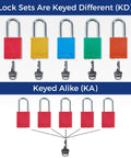 Red Lockout Padlock Set 12 Pack Keyed Alike Safety Padlocks For Lockout Tagout Aluminum Bodies With Steel Shackles Key Retaining Brass Cylinders OSHA Compliant comparison of keyed different and keyed alike versions