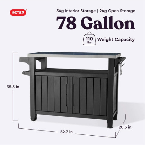 Unity XL Portable Outdoor Table With Stainless Steel Top For Kitchen Prep And Outdoor Storage Cabinet in dark grey, side view