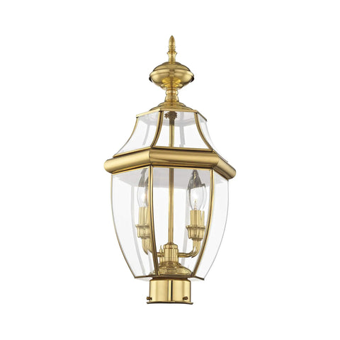 Monterey 2 Light Outdoor Post Light In Polished Brass Finish With Solid Brass Construction And Clear Beveled Glass