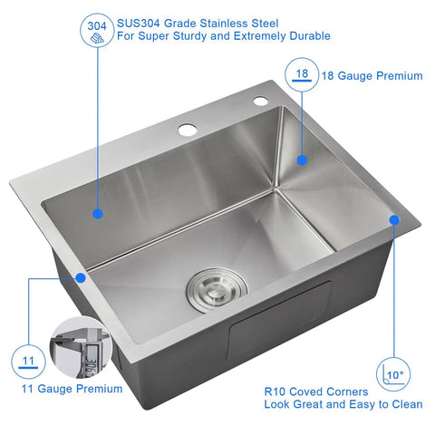 20 Inch Drop In Kitchen Sink With Basket Strainer, 18 Gauge T304 Stainless Steel Handmade Top Mount Single Bowl, Brushed Finish