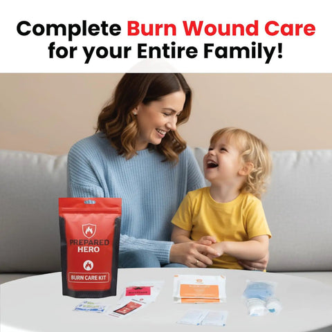 On Deck Burn Relief Kit With Cooling Gel Packets Sterile Gauze Rolls Cleansing Wipes Nitrile Gloves Durable Case on table with family.