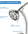 High Pressure 48 Setting Dual Shower Head With Handheld And Sliding Bar Chrome Finish highlighting nozzles and spray settings