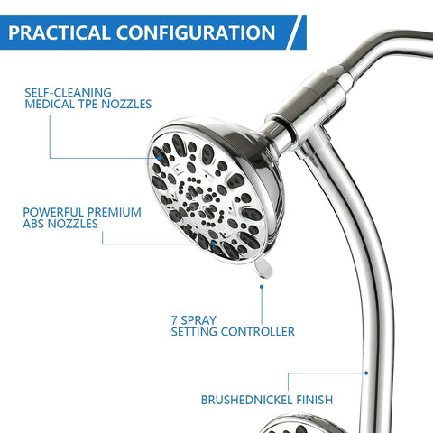 High Pressure 48 Setting Dual Shower Head With Handheld And Sliding Bar Chrome Finish highlighting nozzles and spray settings