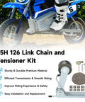Heavy Duty 126 Link Drive Chain With Chain Tensioner Replacement For Razor MX350 MX400 SX350 ZR350 Dirt Rocket Bikes And RSF350 Electric Sport Bike Includes Chain Breaker Tool displayed with bike background and kit contents