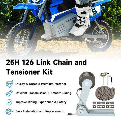 Heavy Duty 126 Link Drive Chain With Chain Tensioner Replacement For Razor MX350 MX400 SX350 ZR350 Dirt Rocket Bikes And RSF350 Electric Sport Bike Includes Chain Breaker Tool displayed with bike background and kit contents