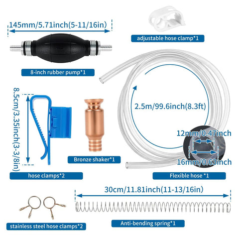 Portable Manual Gas Transfer Pump With Five Eighth Inch High Flow Siphon Hose And Dual PVC Hoses For Quick Gas And Water Transfer, Easy Hand Pump Sucker Tool For Fast Liquid Transfer, parts layout
