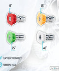 Front view of MTM Hydro 4-pack color-coded pressure washer nozzle tips (0°, 15°, 25°, 40°) with 1/4 in quick-connect fittings