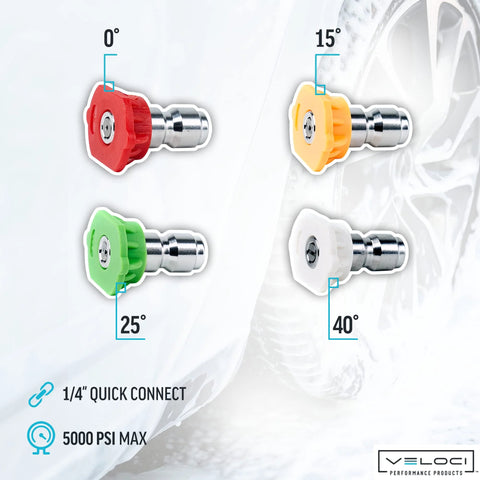 Front view of MTM Hydro 4-pack color-coded pressure washer nozzle tips (0°, 15°, 25°, 40°) with 1/4 in quick-connect fittings
