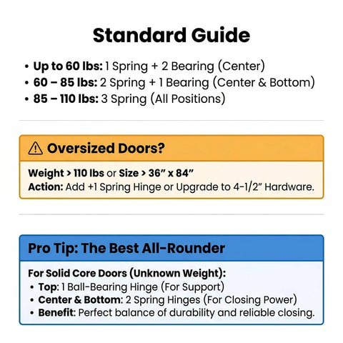 Standard guide for heavy duty self closing door hinges, includes specifications for weight and installation tips for oversized doors.