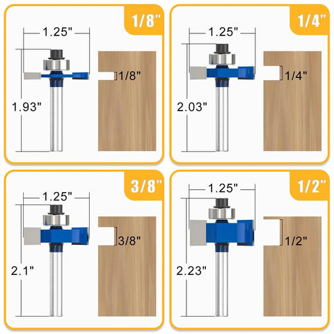 Slick Smooth Heavy Duty Rabbet Router Bit Set 4 Piece Quarter Inch Shank Carbide Tip with swappable bearings for precise cuts.