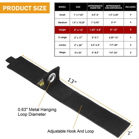 9 Pack Heavy Duty Extension Cord Holder Organizers For Garage Wall Storage 13 Inch Cord Straps with metal loop and size details