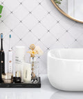 Keep Your Counter Slick Using This Solid Resin Vanity Tray Mini Ink Black Soap Dispenser Stand And Jewelry Catchall For Kitchen Organization Durable Build That Gonna Serve You Right, displaying black resin tray with toiletries.