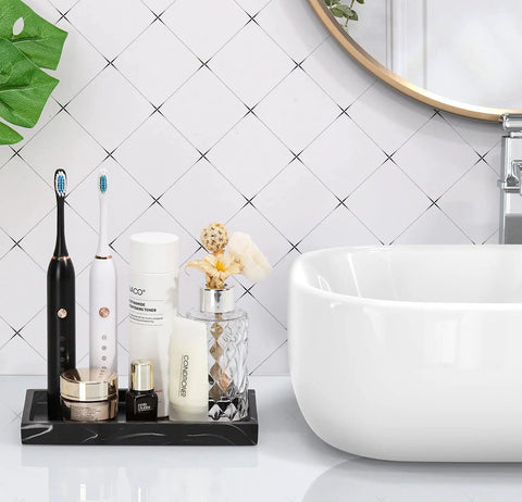 Keep Your Counter Slick Using This Solid Resin Vanity Tray Mini Ink Black Soap Dispenser Stand And Jewelry Catchall For Kitchen Organization Durable Build That Gonna Serve You Right, displaying black resin tray with toiletries.