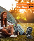 Woman enjoying breeze from 20000mAh Battery Powered Camping Fan With 58 Hours Of Runtime 400 Lumen Light near tent.