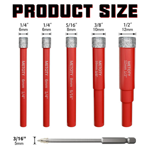 Rock Solid 6 Piece Diamond Hole Saw Drill Bit Set With Serrated Pilot For Ceramic Glass Tile Marble Granite Dry Or Wet Drilling High Precision Kit showing sizes from 1/4" to 1/2".