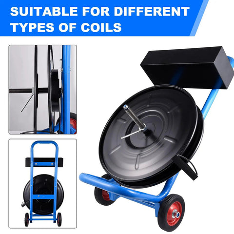 Heavy Duty Strapping Cart Rolling Dispenser Stand For 8 Inch Poly And Steel Coils Smart Mobile Workstation keeping gear close up view.
