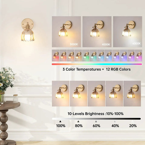 Vintage Rechargeable Wall Sconce Set With Amber Tulip Glass Shade And Wireless Remote For Zero Wiring Bedroom Decor, showcasing light temperature options.