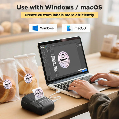 Bluetooth Label Maker For Home And Office, Inkless Labeler With 3 Tapes, Wide Waterproof Labels Up To Two Inches next to laptop