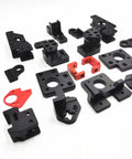 Rock Solid Trident 3D Printer Gantry Parts Kit Slick Aluminum Alloy CNC Machined Hardware Black Red Finish parts on white background.