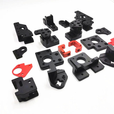 Rock Solid Trident 3D Printer Gantry Parts Kit Slick Aluminum Alloy CNC Machined Hardware Black Red Finish parts on white background.