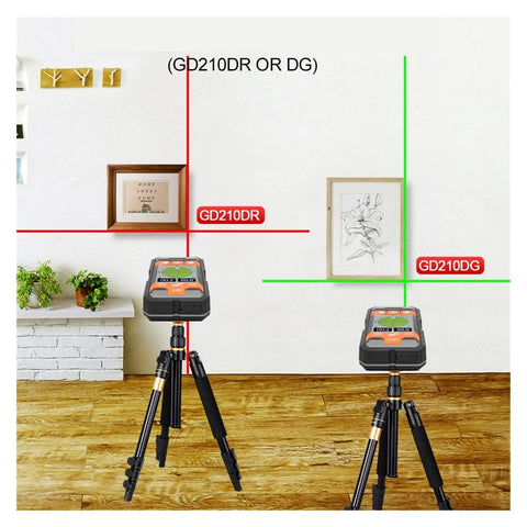 Top Tier Digital Stud Finder Wall Scanner With Ac Wire Detection And Wood Tracking Depth Gauge For Non Invasive Drywall Check homeowners using GD210DR and GD210DG laser level in decor setup.