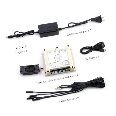 Pro Grade Escape Room Magnetic Sensor Lock System with magnet sensors, 12V adapter, USB cable, and controller components.