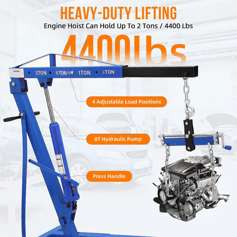 Heavy Duty Hydraulic Engine Hoist Cherry Picker 4400 Lbs Capacity with 8T hydraulic pump and adjustable load positions.