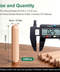 150 Piece Wood Dowel Pins Kit Fluted Dowels Five Sixteenths By One And Three Sixteenths Inches for Crafts with caliper measurement