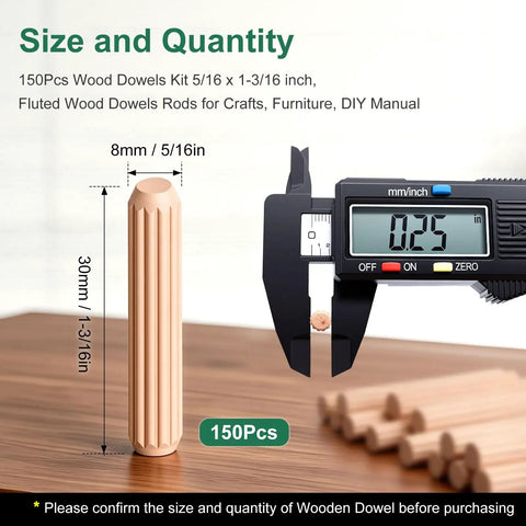 150 Piece Wood Dowel Pins Kit Fluted Dowels Five Sixteenths By One And Three Sixteenths Inches for Crafts with caliper measurement