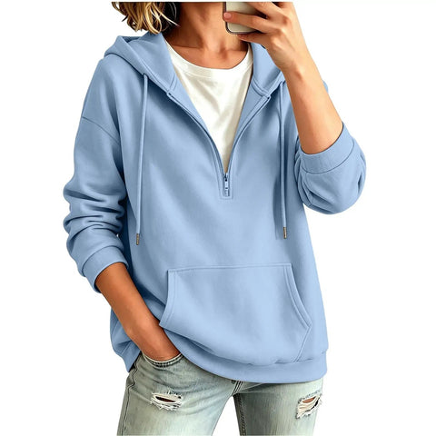 Womens Oversized Zip Up Hoodie Fleece Pullover Sky Blue With Quarter Zip And Stand Up Collar for cozy casual wear