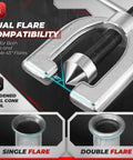 Front view: Flexzion brake line flaring tool kit with tubing cutter; silver steel with hardened cone anvil for 45° single/double flares