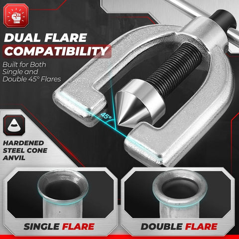 Front view: Flexzion brake line flaring tool kit with tubing cutter; silver steel with hardened cone anvil for 45° single/double flares